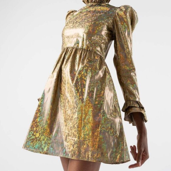 BATSHEVA Prairie ruffled holographic lamé mini dress gold size extra small 0 - Picture 7 of 12
